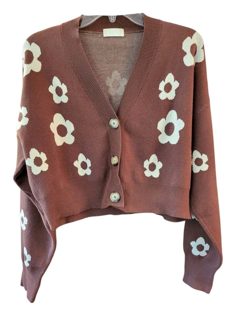Isalis Daisy Knit Cropped Cardigan In Brown w/ White Retro Flower Pattern-Sz S